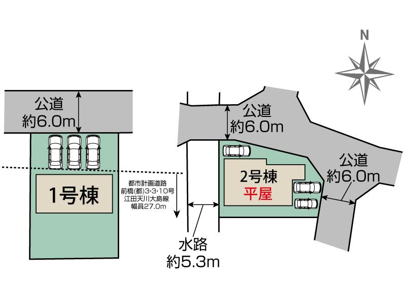 新築　前橋市後家町2期　Blooming　Garden　2号棟の区画図|2号棟　区画図　北側接道幅員約6ｍ　東側接道幅員約6ｍ
