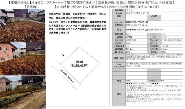 【土地図】 | 【仲介手数料無料】船橋市二宮　建築条件なし売地 | 仲介O円団では掲載物件以外も仲介手数料無料にてご購入いただけます！