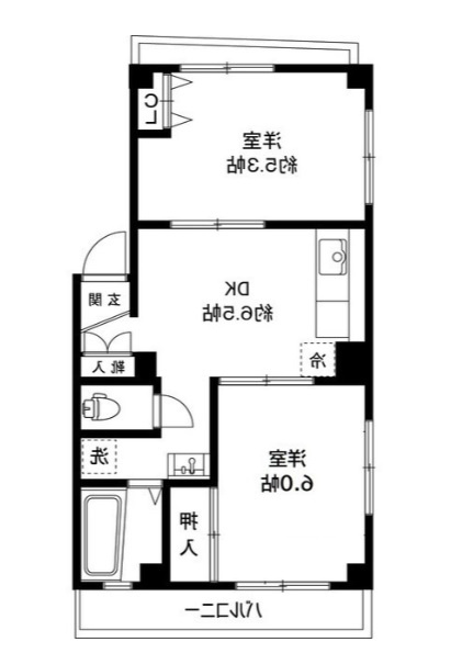 田中ビルディングの間取り|南向きバルコニー３面角部屋の2DKバストイレ別独立洗面台！