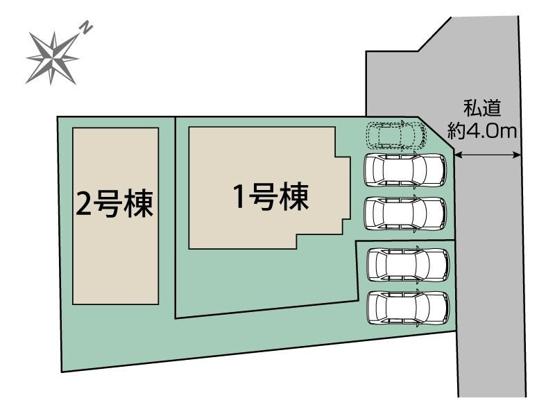 仲介手数料不要　ブルーミングガーデン東区御領5丁目2期 4LDK 和室付 長期優良住宅の区画図|区画図（全2棟・東側約4mの私道・駐車2台）