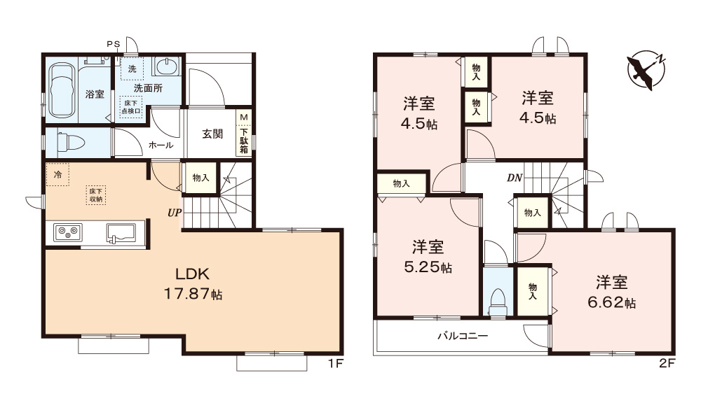 ふじみ野市西２丁目の新築一戸建の間取り|LDK17.87帖、自然とコミュニケーションが生まれるリビングイン階段した4LDK！

