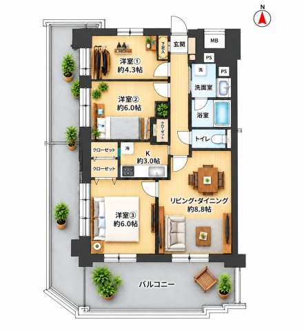 藤和シティホームズ亀戸の間取り|8階部分・南向き・南西角部屋住戸につきまして日当たり・通風・眺望良好