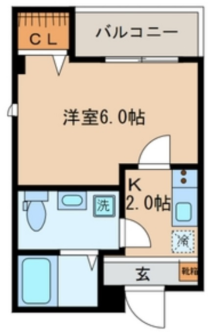 エムズ京急蒲田の間取り|角部屋の2面採光の洋室6帖1Kバストイレ別独立洗面台