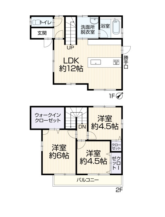 越谷市南荻島　中古戸建の間取り|水まわりが集約され家事効率が上がる3LDK。毎日の暮らしを快適にサポートする生活配慮設計です。