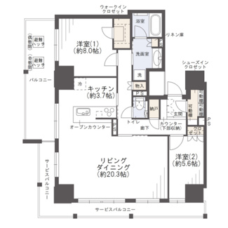 【間取り】 | シエリアタワー大阪福島 | 【間取り】高層階・南東角部屋、80㎡超広々2LDKプラン☆