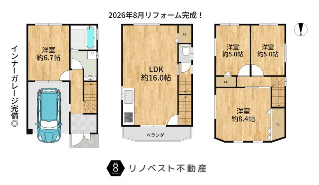 大阪市生野区林寺4丁目の間取り|人気の2階リビング＆リビング階段で、家族が顔を合わせる時間が増える間取りです◎
インナーガレージ1台分完備◎