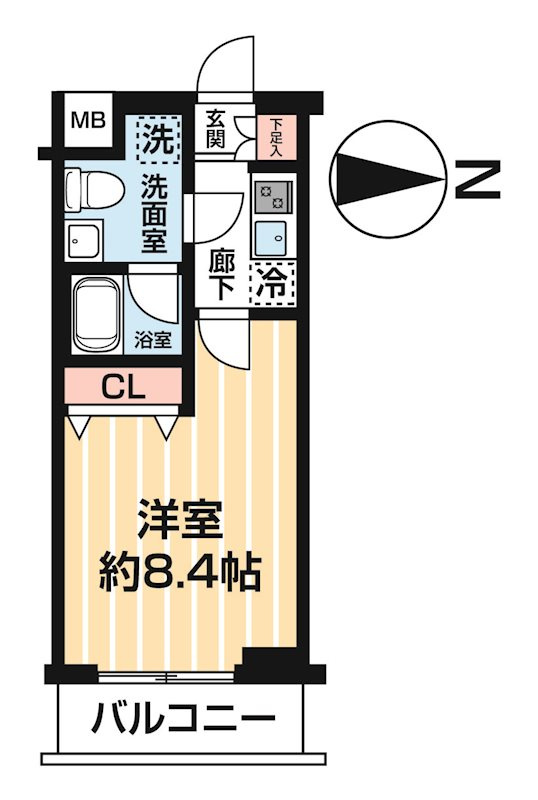 ARCOBALENO HANEDAアルコバレーノハネダの間取り|東向きバルコニー洋室8.4帖の余裕ある1Kバストイレ別独立洗面台！