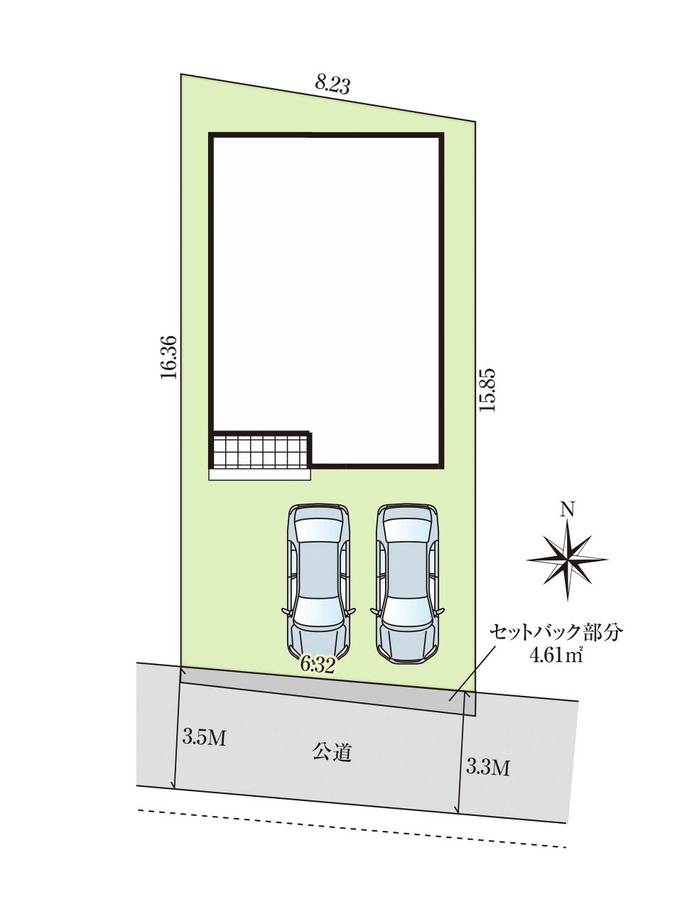高知市鏡川町 -2期1棟-新築戸建ての区画図|南側が公道に接した整形地で日当たりが良く、車2台を並列で出し入れできる駐車場も整えられた佇まいです。