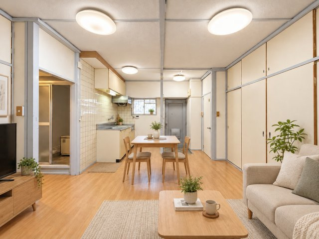 東部コーポ1号棟の居間・リビング|木目調の床と明るい色の建具でまとめられた、日々の食事や団らんの場として使いたい室内です。食卓の近くに