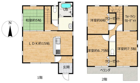 「南面道路で陽当り良好」高知市鴨部2丁目　中古一戸建ての間取り|4SLDK間取り。対面キッチンで会話弾むリビング！2階トイレや並列駐車2台など暮らしやすさ満載。