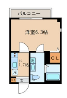 エムズ西六郷の間取り|北向きバルコニー北東角部屋の1K洋室6.3帖バストイレ別独立洗面台！