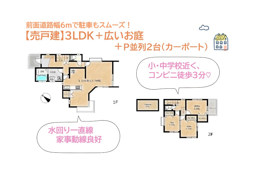 綾瀬市深谷中２丁目　中古戸建　51.5坪の間取り|アウトドアリビングが満喫できる、土地51坪超えの庭付き一戸建て◎　
キッチンはリビング全体を見渡せる対面式！
一直線に繋がる水回り設計で、毎日の家事効率もＵＰしますよ♪