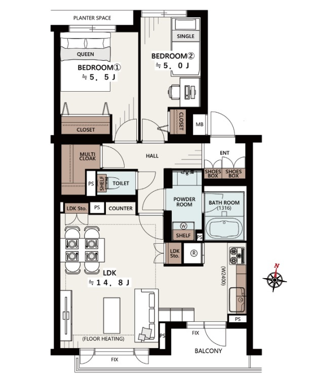 氷川台ヒルズの間取り|2LDK、専有面積64.1m2、バルコニー面積4.12m2 、マルチクローク付
南向きの明るい住戸！！