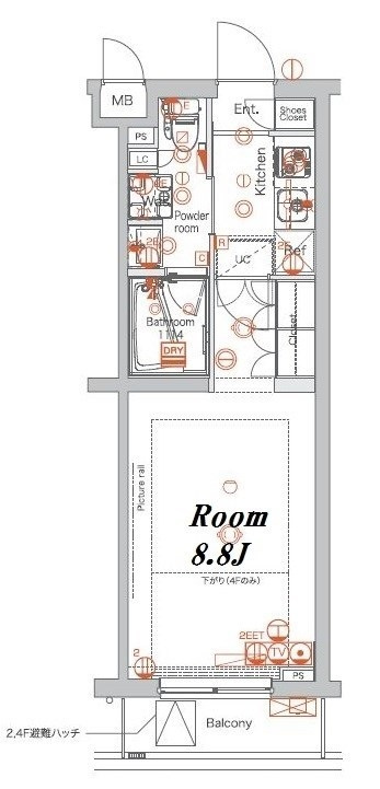 メイクスデザイン池上アジールコートの間取り|南東向きバルコニー余裕ある1K8.8帖バストイレ別独立洗面台クローゼットも大きめです。