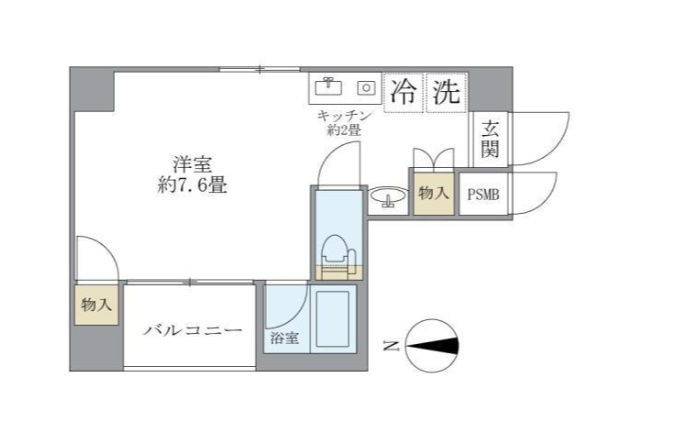 エクセル遠藤の間取り|西向きバルコニー角部屋2面採光の1R
洋室スペース7.6帖+K2帖バストイレ別独立洗面台！