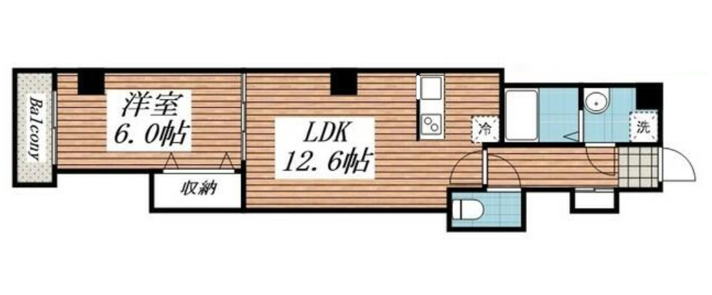 ソレイユ蒲田の間取り|北向きバルコニーですが3面角部屋！カウンターキッチンの1LDKエアコン2基設置済！