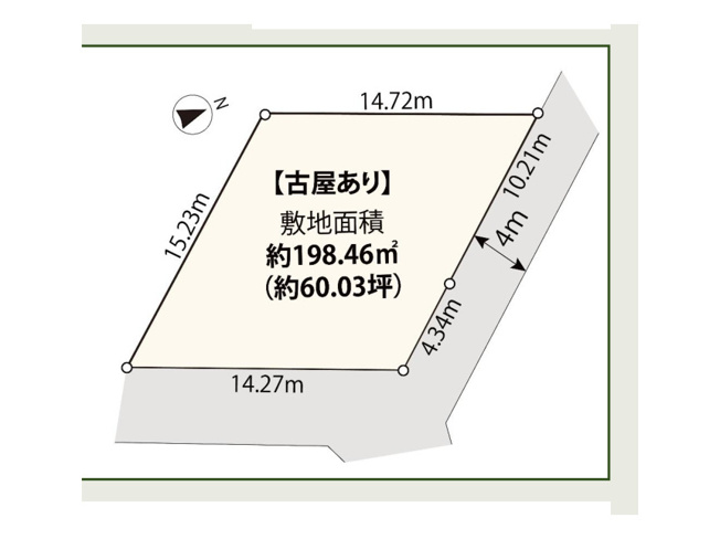 【土地図】 | 高ヶ坂売地 | 図面の数字は各辺の長さ（m）、太線は道路に接する部分です。間口と奥行き、接道方向から建物の配置や駐車計画の目安がつかめます。高低差は現地でご案内します。※図面と現況が異なる場合は現況優先。