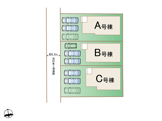 仲介手数料不要　新築 東区三郎2丁目 B号棟 4LDK 駐車3台 長期優良住宅の区画図|区画図 西側4m道路・駐車3台（車種限定）