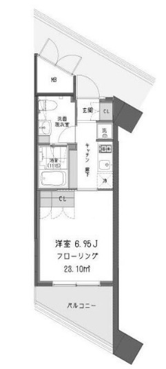 ガーデン蒲田の間取り|西向きバルコニーの1K洋室6.95帖！バストイレ別独立洗面台付