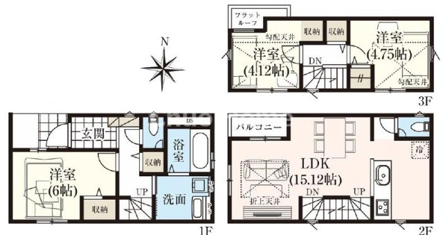 葛飾区東新小岩8丁目新築戸建の間取り|【間取り図】全室収納付き・3LDK