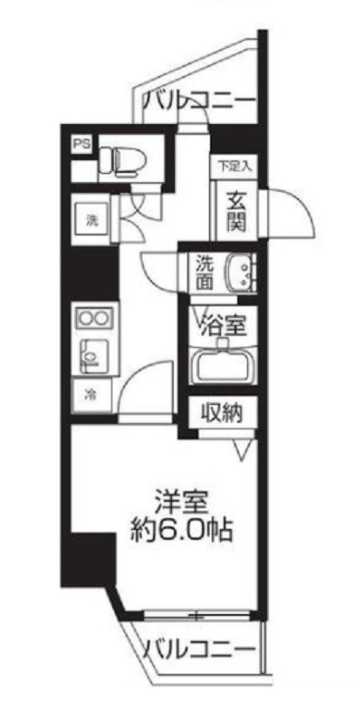 サニークレスト蒲田WESTの間取り|東南角部屋東向きバルコニーの1K洋室6帖バストイレ別独立洗面台！