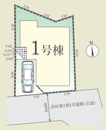 八王子市高尾町 2期の区画図|前面道路は幅員4mの公道に接しており、敷地内にお車1台分の駐車スペースを確保しています。南向きの設計で陽当たりも良好なため、日中の採光が取りやすく心地よく過ごせる住環境です。