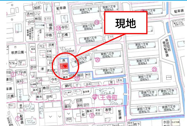 仲介手数料不要　新築 中央区八王寺町 1号棟 4LDK ガス会社前バス停徒歩4分の地図|案内図