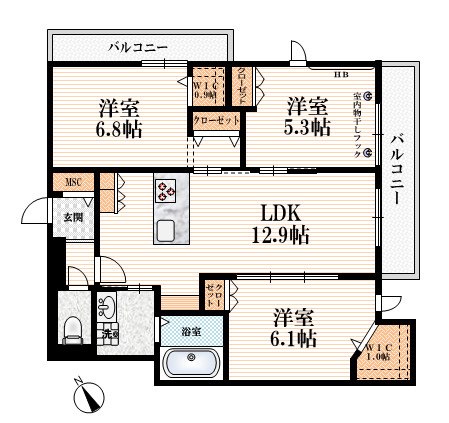 メゾンボヌールの間取り|【間取り】　角部屋３面採光