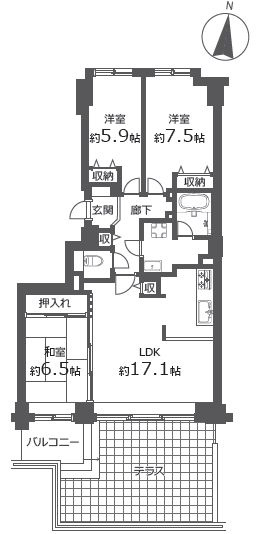 【間取り】 | ヴィルヌーブ山鼻ⅢB | 3LDK・トランクルーム有り・宅配ボックス有り・南向き・テラス付き