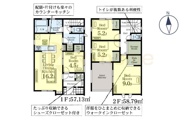 古河市東本町　新築戸建て　2号棟の間取り|4LDK＋WIC＋SIC＋ストレージルーム、土地面積195.76ｍ2、建物面積115.92m2