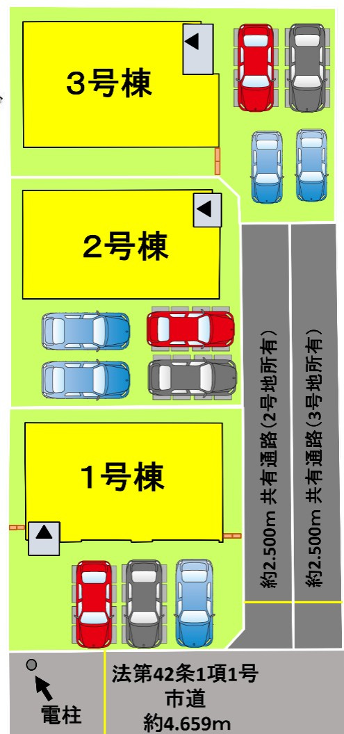 仲介手数料不要　新築 中央区島崎1丁目 1号棟 4LDK 段山町電停徒歩6分の区画図|区画図 南側約4.7m道路