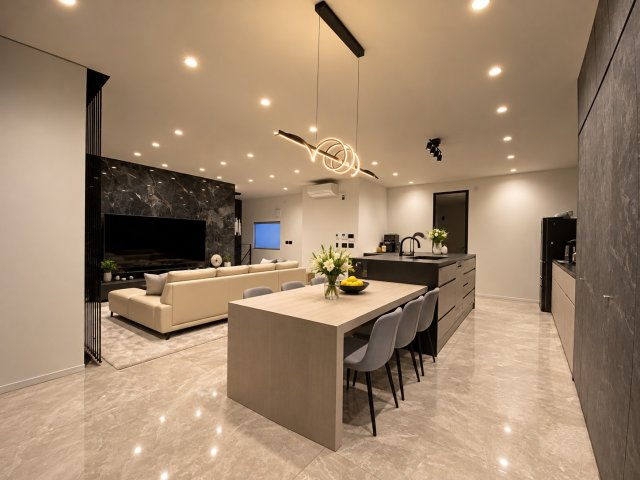 日進市香久山二丁目 戸建の居間・リビング|LDK約36.4帖｜ダイニングとアイランドキッチンが一体の大空間※CG加工・家具等は価格外