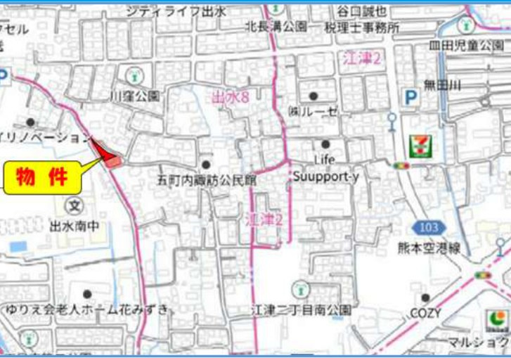 仲介手数料不要　新築 中央区出水8丁目 2号棟 4LDK 出水南中徒歩1分の地図|案内図