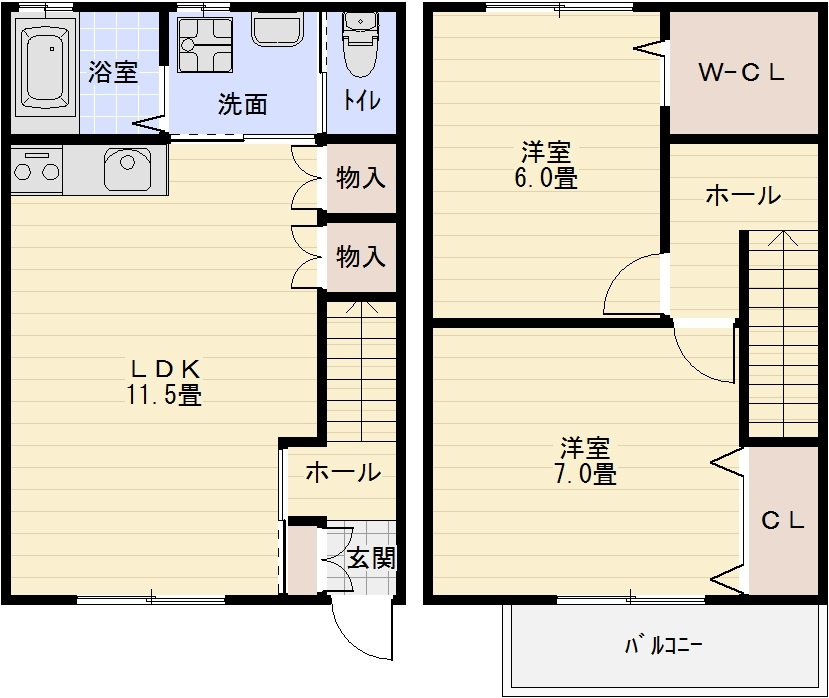 クアトロファミリアーレ今町の間取り|クアトロファミリアーレ今町　メゾネット　２階建て　アパート　ハイツ　テラスハウス　2LDK