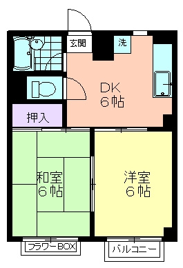 メゾンド東大和の間取り|DK、和室、洋室の3室が全て６帖ですので、お二人でもゆったりとお過ごしいただけます。