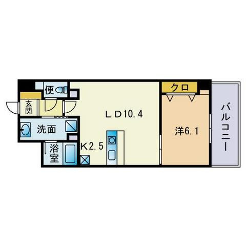 アーバス大手門の間取り|アーバス大手門（1ＬＤＫ）　間取　※反転タイプになります