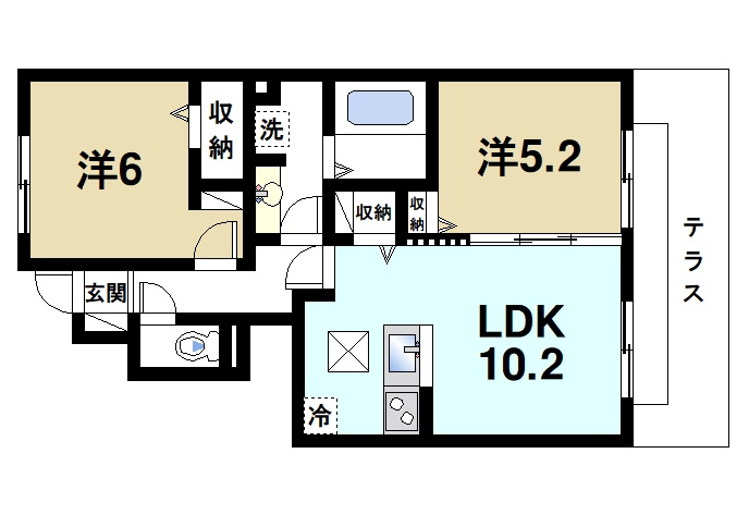 ヴォラーレの間取り|ゆったりとした洗面台がポイントの2LDKのお部屋です