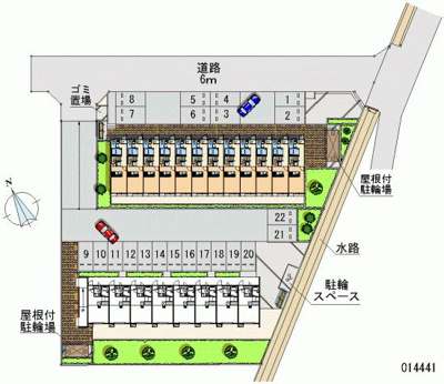 【区画図】 | サンライズⅡ | 敷地内にゴミ置場、屋根付き駐輪場あります。