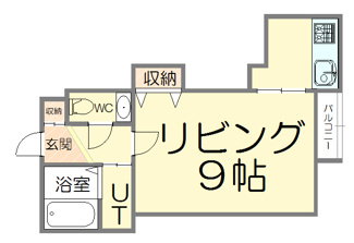 【間取り】 | メゾンドフォレ | 間取りはリビング9帖の1K設計。収納スペースも充実しており、使い勝手を重視した間取りとなっております。