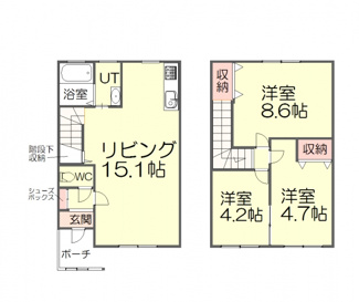 【間取り】 | ルミエール金山Ⅰ | 1階にリビング、２階に洋室３室を配したタウンハウスタイプの３LDKです。