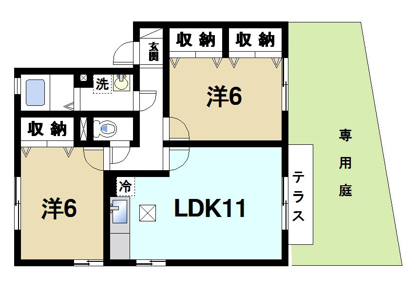 ディアコートⅡの間取り|専用庭が付いている間取りです。