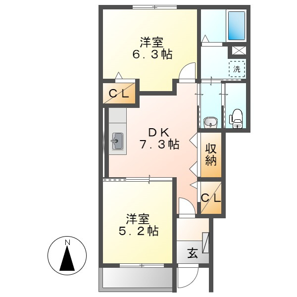 倉敷市東塚５丁目のアパートの間取り