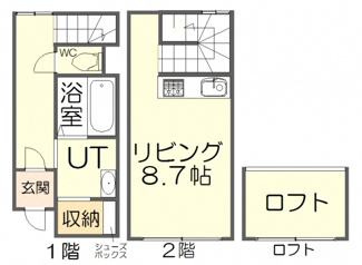 【間取り】 | バムハウス | 一部に熱狂的なファンを持つ「集合住宅に階段」の間取です！　トイレや浴室等を1階に、人がくつろぐスペースを2階に配した間取りです。