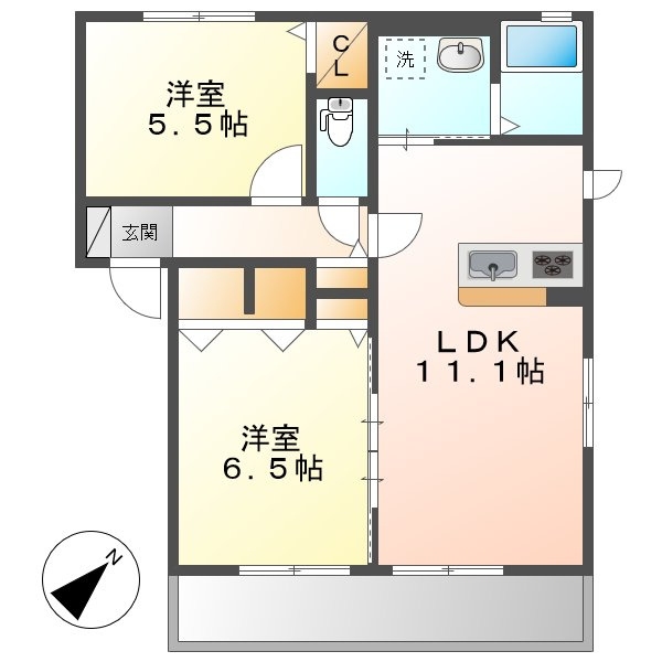 倉敷市福田町古新田のアパートの間取り