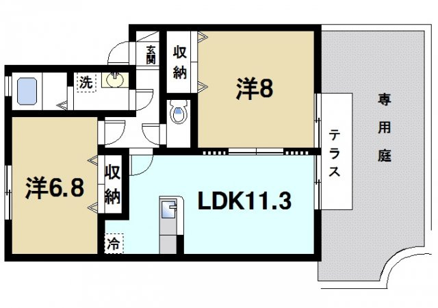カリーノ　Ｄ棟の間取り|南向きの大きな専用庭がお勧めです。