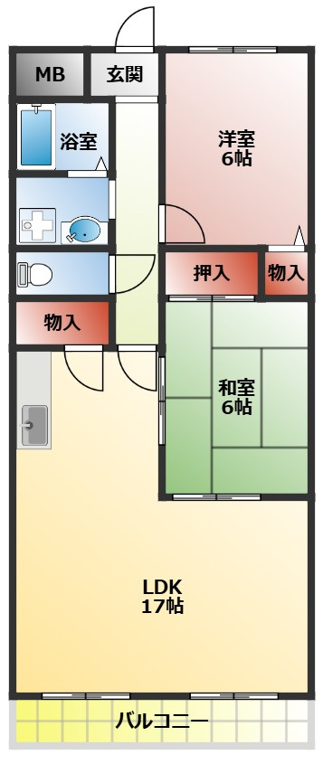 サンハイツ寝屋川の間取り|リビングが広い２ＬＤＫ