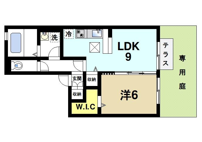 ラ・フロール青垣の間取り|広い専用庭が魅力的な1LDK
