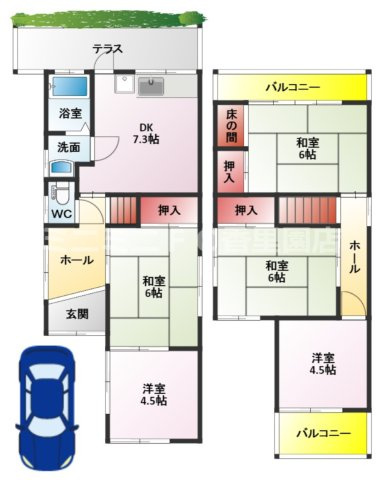 出口４丁目貸家の間取り|全室に窓があります