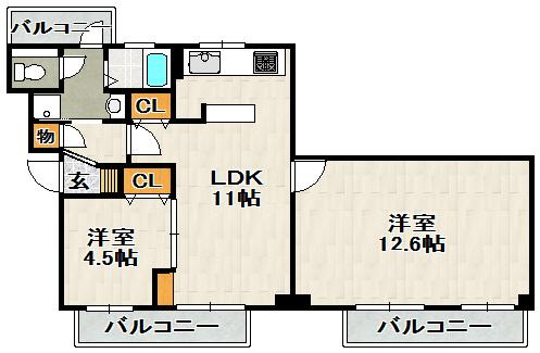 ビューテラス売布（View Terrace 売布）の間取り|最上階は広めの２ＬＤＫリノベーション間取りです