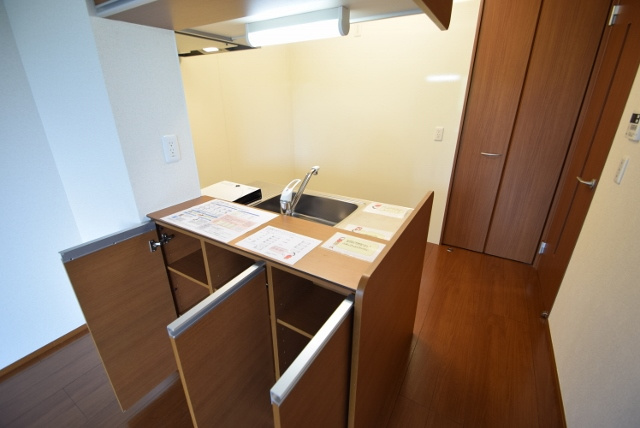 クリアコートのキッチン|カウンターに棚あります